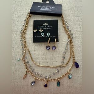 Simply Vera Vera Wang Gold Tone 3 Layer Charm Necklace & Matching Earrings NWT